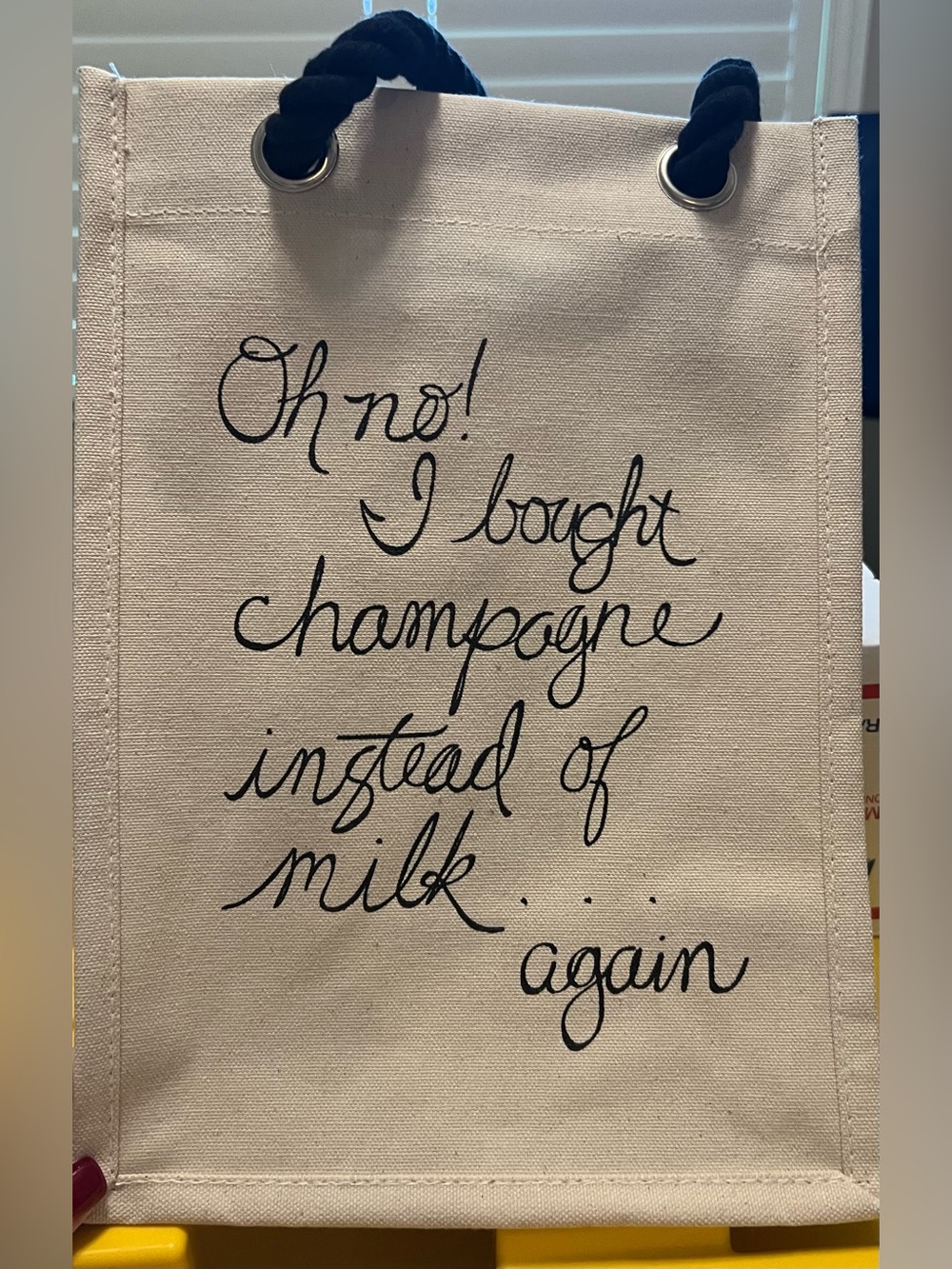 34th & Pine Canvas Wine Tote with Script 'I bought champagne instead of milk'